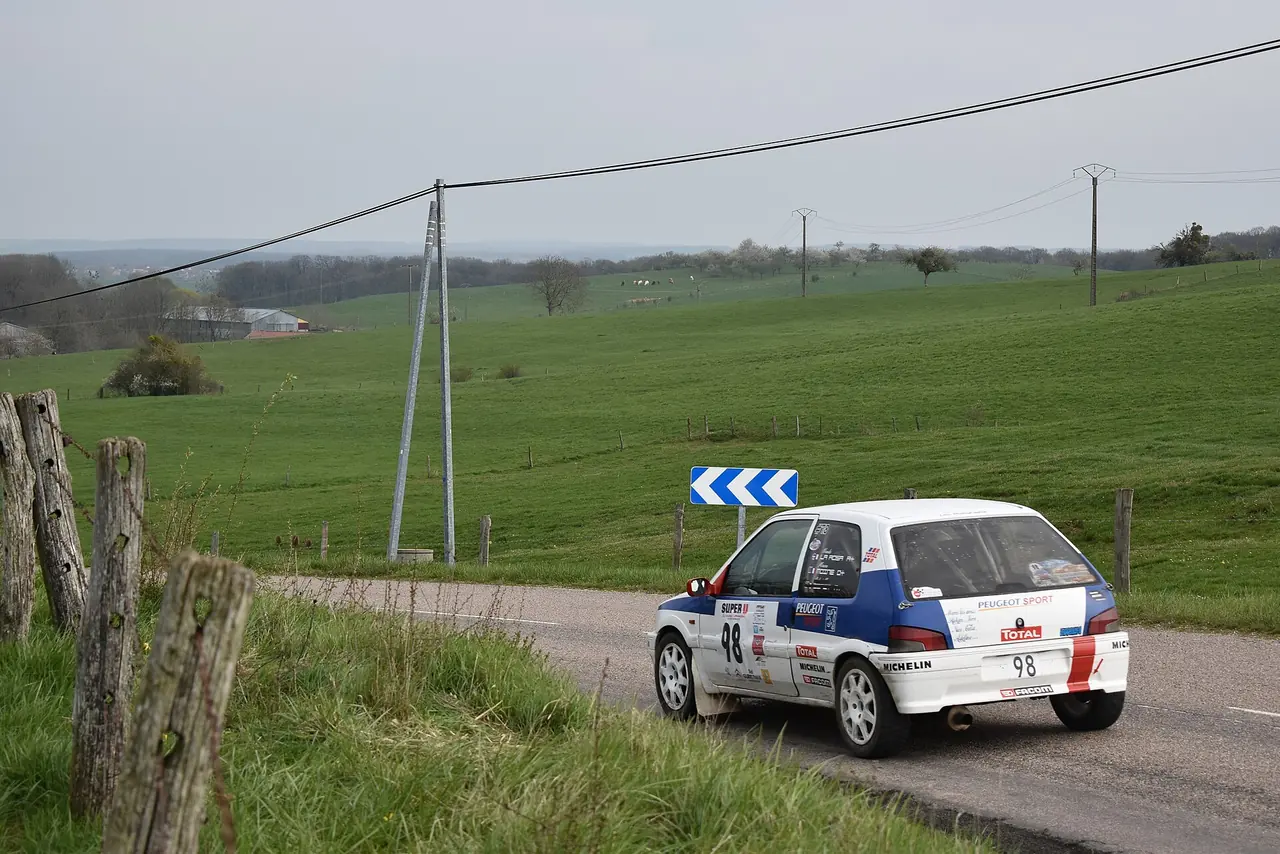 White and blue Peugeot 106 rally car on a country road.